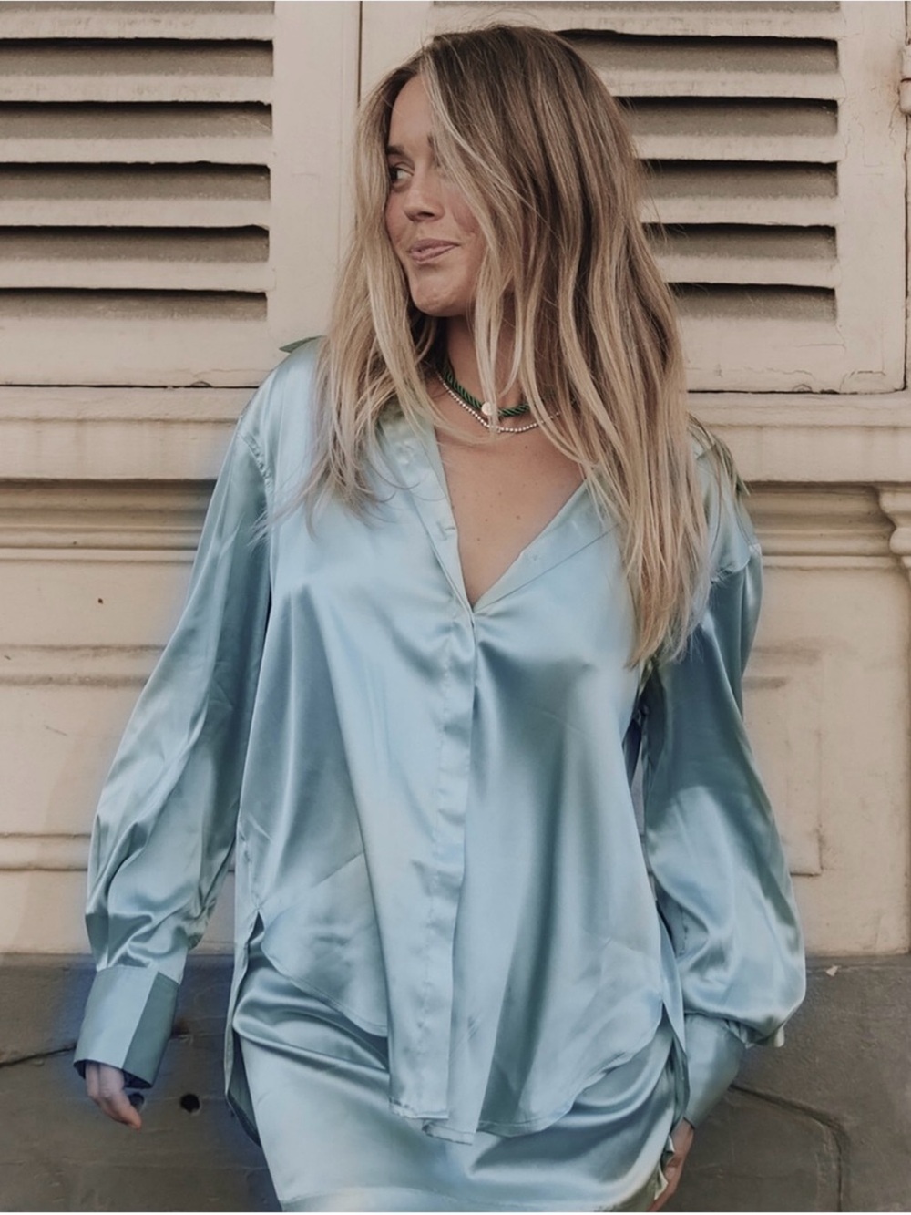 Daily Drills Light Blue Satin Button-Down Blouse